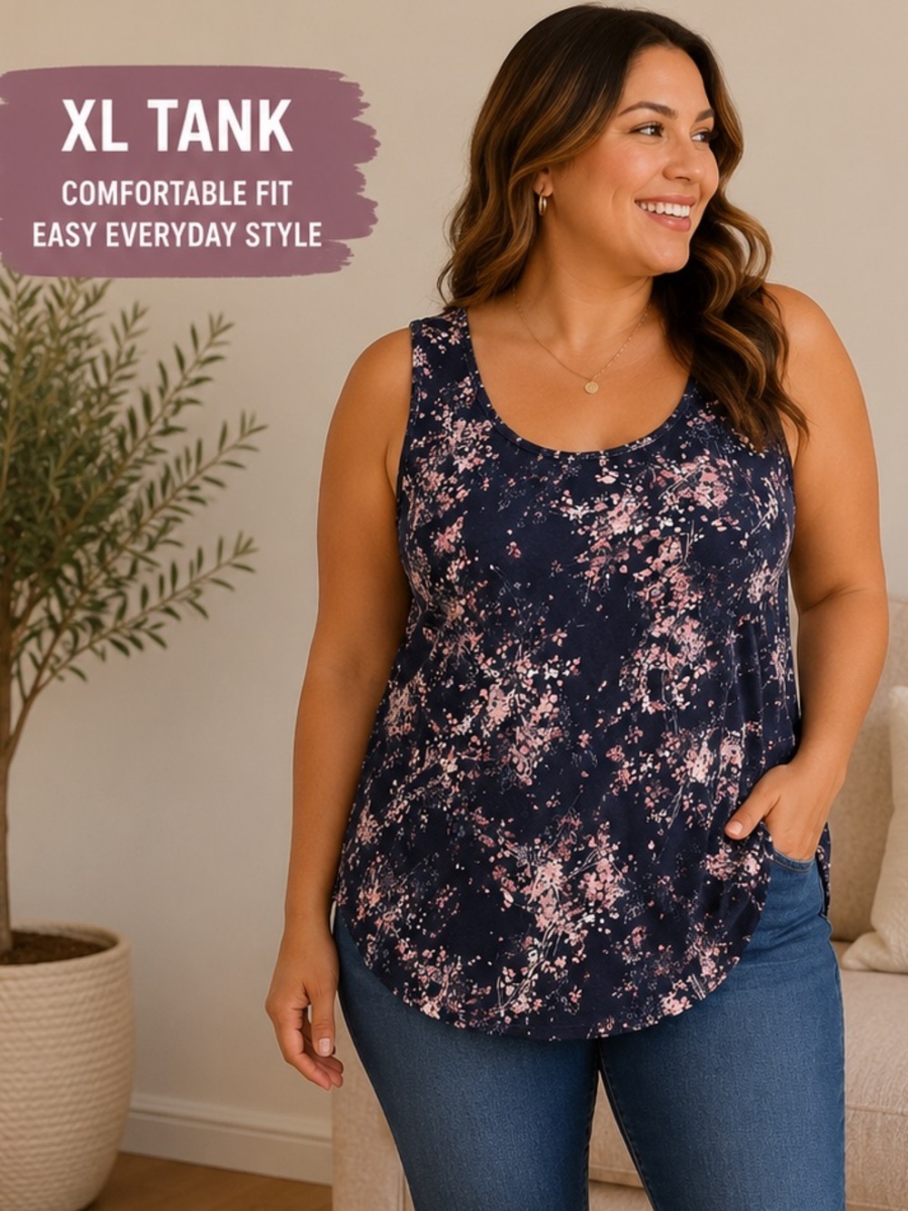 Sonoma Navy Floral Tank Top with Pink Accents XL